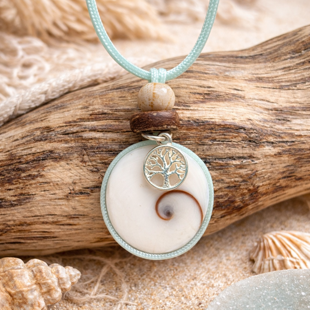 Halskette aus einem Auge der SantaLucia, auch genannt Shiva Auge, Teil de Sainte Lucie mit einem Lebensbaum